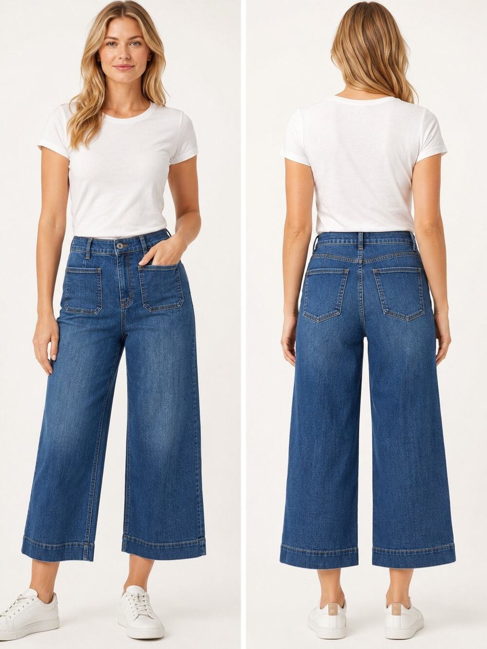 SPANX Every Wear Cropped Wide Leg Jeans Women’s M Blue Patch Pocket High Rise